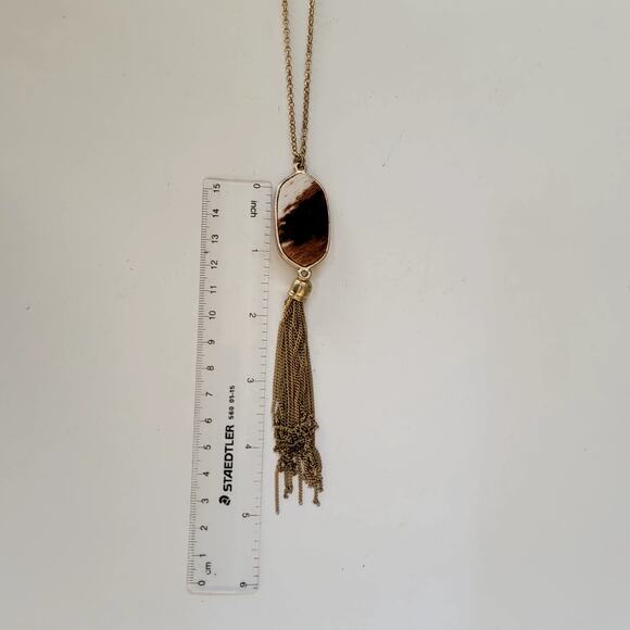 Vintage Long Gold Chain Necklace with Brown White Oval Pendant and Tassel Accent - Picture 7 of 10